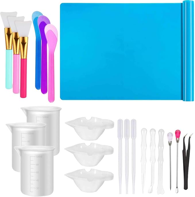 Resin Tools Set 22pcs, A3 Silicone Sheet with 100 ml Measuring Mixing Cups, Brushes Stir Sticks Spoons, Pipette for Epoxy Resin DIY Crafts Painting