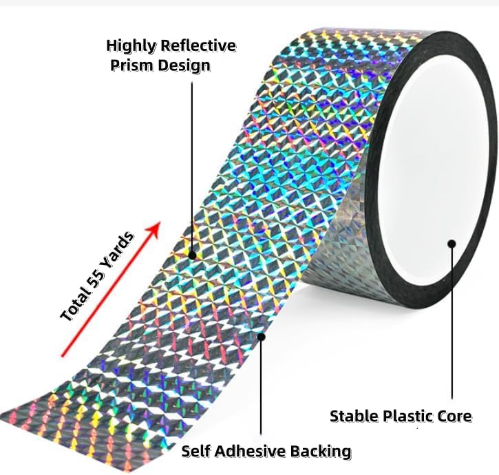 Self-Adhesive Holographic Reflective Tape Prism Tape Holographic Reflective Tape for Keep Birds Away, Craft Projects, DIY Art, Home, Daily Use (Silver, 1 Inch x 55 Yard)