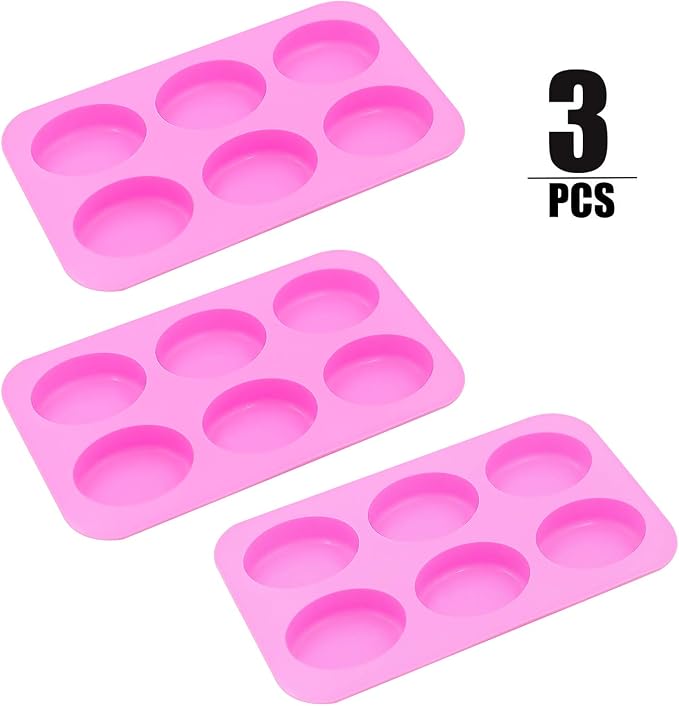KINJOEK 3 Packs 18 Cavity Oval Silicone Soap Molds, Pink Silicone Soap Making Molds Bulk, Pudding Chocolate Cake Baking Molds, Soap Mold for Soap Making Handmade DIY Scented Candles Supplies Tools