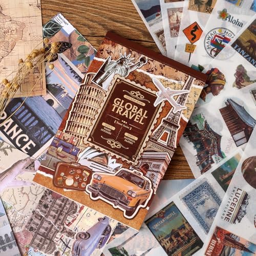 Scrapbook Stickers - 300 Pre-Cut Washi Stickers & 20 Scrapbook Papers for Travel Journaling