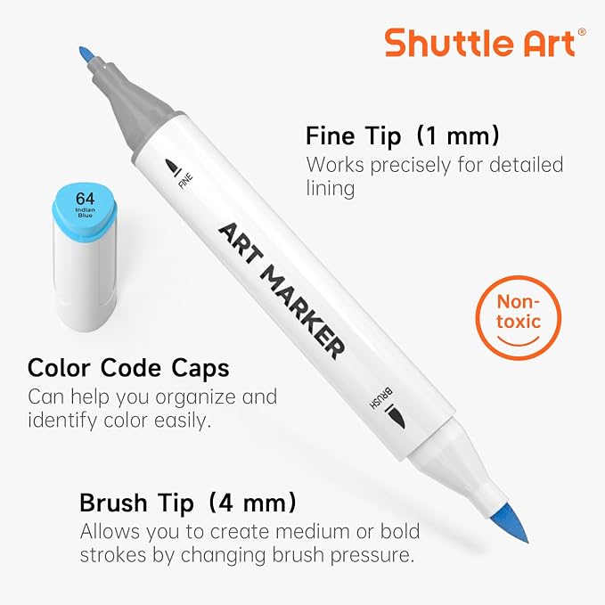 Shuttle Art Brush Tip Alcohol Markers, Dual Tip Brush & Fine Tip Art Marker Set, 121 Colors Marker Pens with Organized Case Perfect for Illustration Kids Students Adults Coloring Sketching