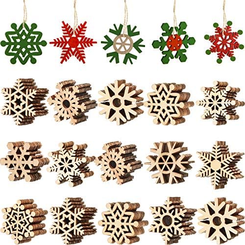 Blulu 100 Pcs Christmas Wooden Snowflakes Crafts, Natural, 2 in
