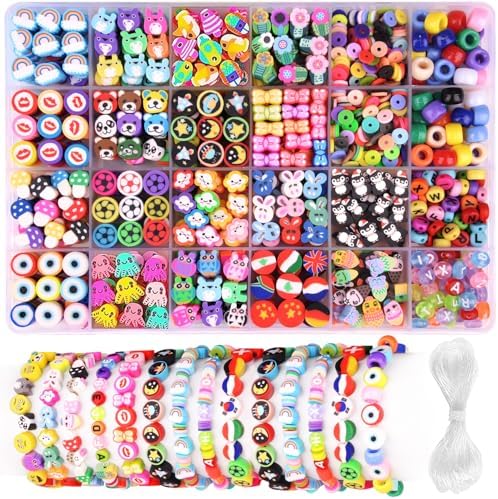 1000PCS Polymer Clay Beads Bracelet Making kit, 24 Style Cute Fun Beads Flower Animal Rainbow Eye Charms for Jewelry Necklace Earring Making DIY Accessories for Women Girls