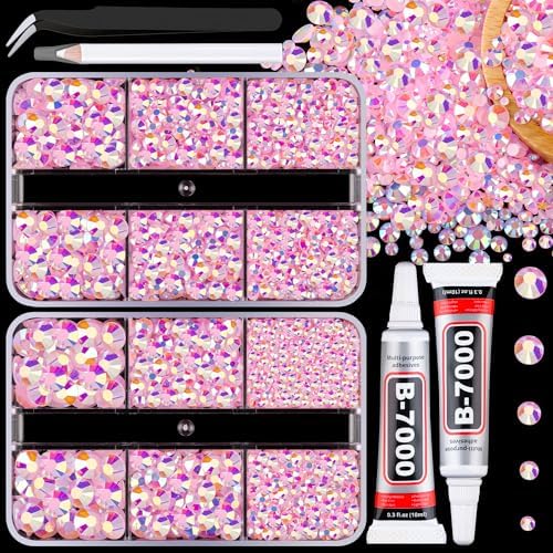 Resin Jelly Rhinestones for Crafting with B7000 Jewelry Glue, 2 Boxes Light Pink AB Flatback Crystals with 2Pcs 10ml Glue, Bedazzling Non Hotfix Gems for DIY Tumblers Clothing Shoes Manicure