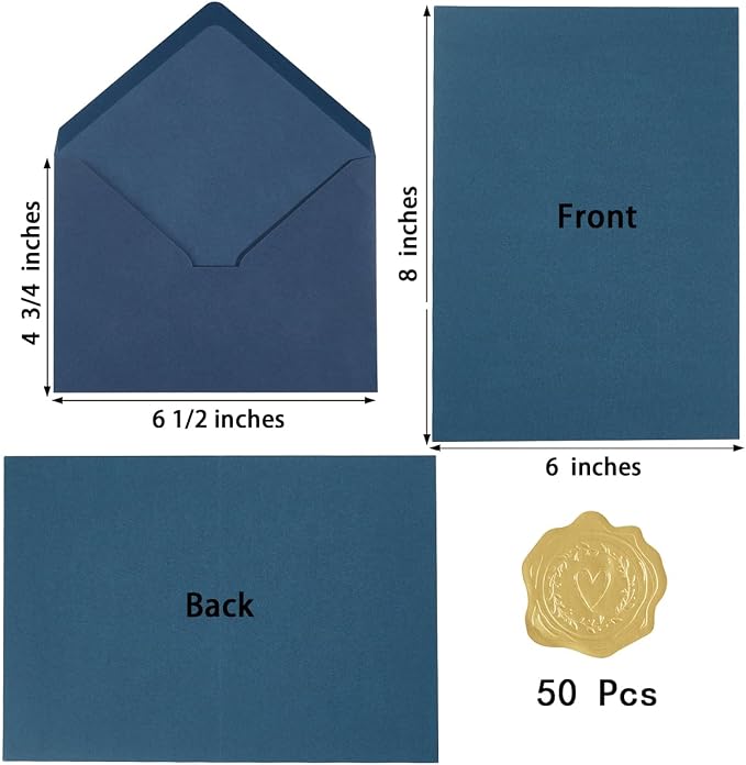 50 Pack Navy Blue A6 Envelopes with Cards and Gold Stickers, 4x6