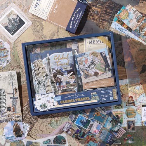 Auguro World Travel Scrapbook Kit A6 Grid Notebook Stationery Junk Journal Kit Scrapbooking Supplies Kit Craft DIY Gift for Adult Teen Girl