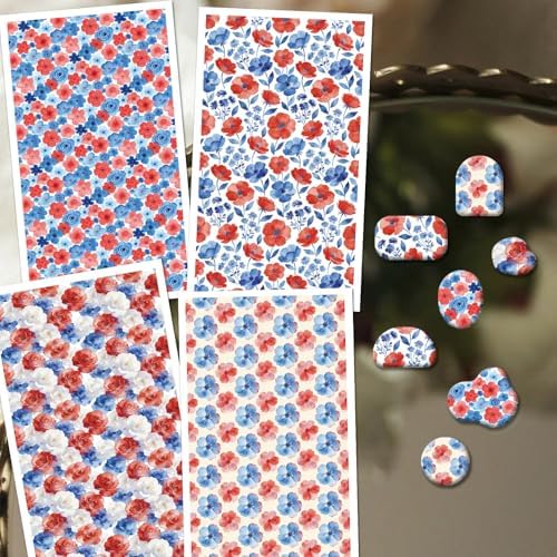 OLYCRAFT 24Pcs Independence Day Clay Transfer Paper 4 Styles Transfer Paper for Polymer Red Blue Flower Polymer Clay Transfer Sheets Floral Transfer Paper for Clay Earrings Jewelry Making