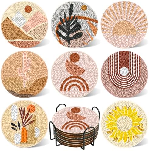 DOTSOPS 8 Pcs Landscape Diamond Painting Coasters with Holder for Beginners