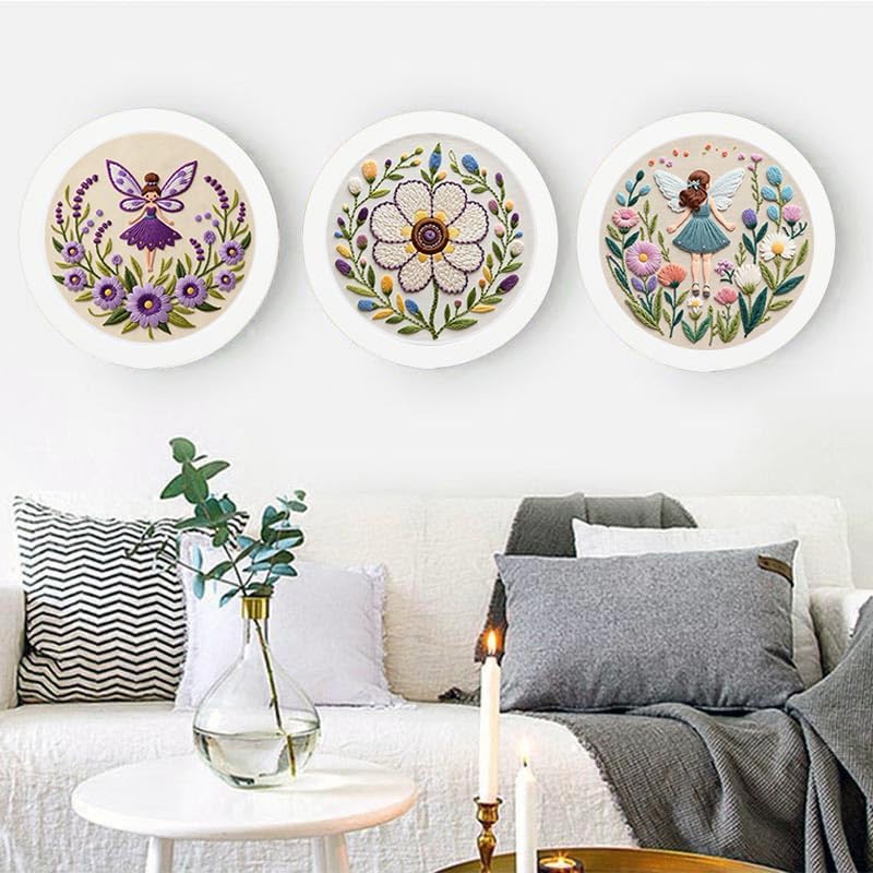 Konrisa Embroidery Kits for Adults, 3pcs Elf Flower Fairy Floral Embroidery Starter Kit DIY Sewing Practice with Hoop,Needlepoint Cross Stitch Kit