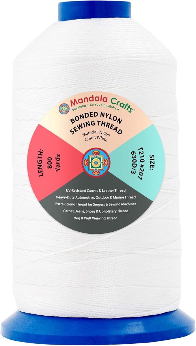 Mandala Crafts Size 207 630D T210 White Bonded Nylon Thread, 800 YDs
