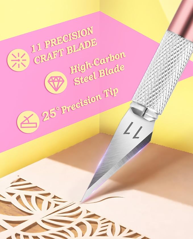 DIYSELF Exacto Knife Set with 10 Extra #11 Blades, 6-Inch Metal Ruler, Pink | Exacto Knife for Crafting, Art, Scrapbooking & Stencil Projects, Hobby Knife Set for Artists & Students