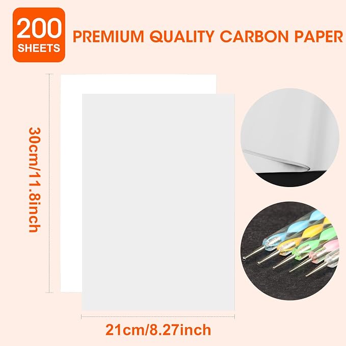 200 Sheets White Carbon Transfer PaperGraphite Tracing Paper with Embossing Styluses for DIY Wood Paper Canvas and Other Art Craft Surfaces