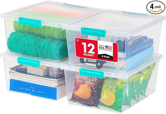 IRIS USA Storage Bins with Lids |Made in USA| 12 Qt - (4-Pack) - Clear | Sensory Craft Organizers, Plastic Clip Box Totes, Flat Containers for Organizing Paper, Office, Art & Study Supplies