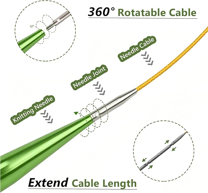 4-inch Knitting Needles Set, 13 Pairs Interchangeable Circular Knitting Needles Set Aluminum 3-10mm with 5 Cables, Knitting Accessories and Case, Green