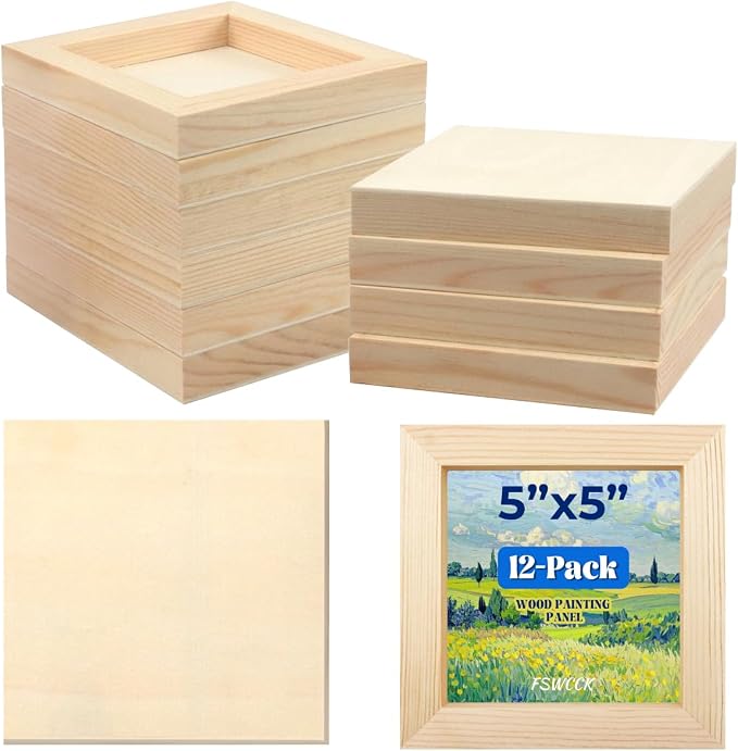 FSWCCK 12 Pack 5 x 5’’ Wooden Panel Boards, 0.79’’ Deep Unfinished Wood Canvas Panels for Crafts, Painting Canvas, DIY Art Projects, Pouring Arts