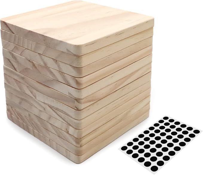 12 Pack 4 Inch Unfinished Square Wood Coasters with Non Slip Pad