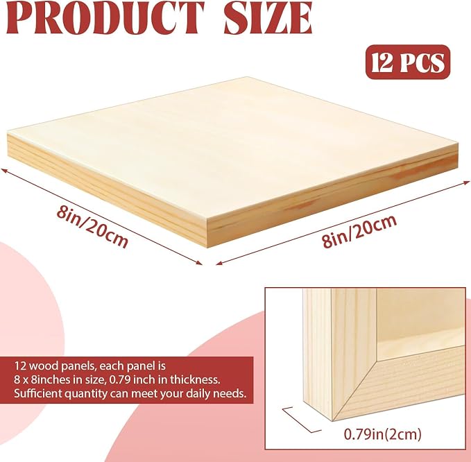 FSWCCK 12 Pack 8 x 8’’ Wooden Panel Boards, 0.79’’ Deep Unfinished Wood Canvas Panels for Crafts, Painting Canvas, DIY Art Projects, Pouring Arts