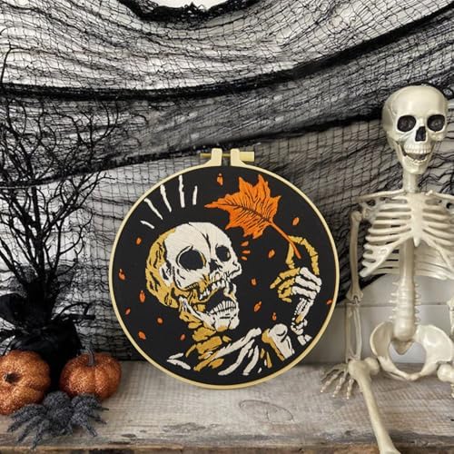 Crafmanoe Halloween Gothic Embroidery Starter Kit for Beginners Adults, Skull Skeleton Stamped Cross Stitch Kits for Beginners Adults, Funny Fall Hand Embroidery Needlepoint Kits with Video Tutorial
