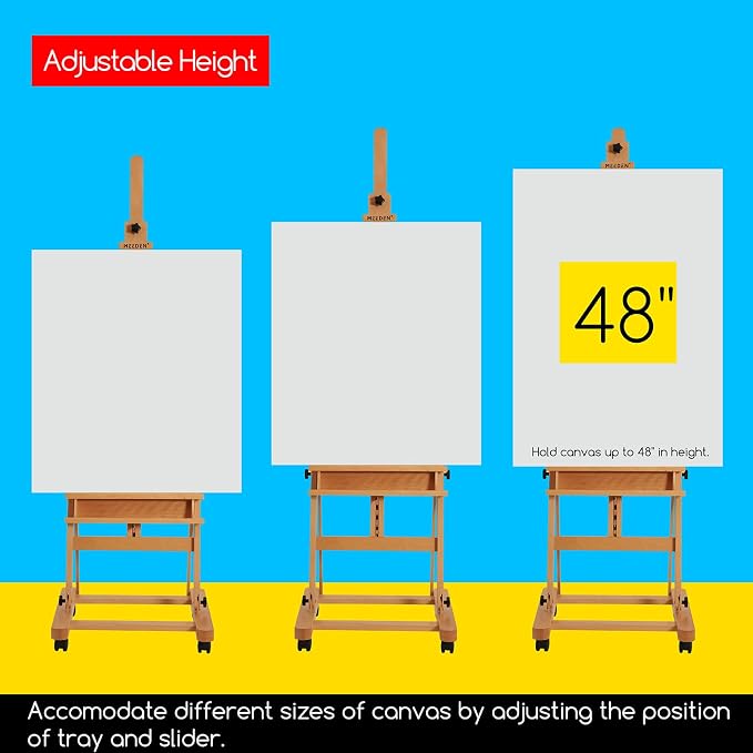 MEEDEN Studio Wood H-Frame Easel: Art Easel with Storage for Artist | Wooden Artist Painting Easel on Wheel - Floor Easel with Movable Tilting for Adults Artist Art Students Beginners Natural