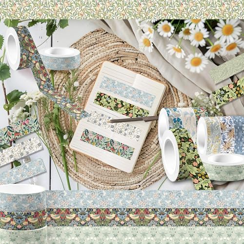12 Rolls William Morris Washi Tape Set, 15 mm x 5 Meters Vintage Flower Decorative Masking Tape, William Morris Style Earthy Tones Botanical Patterns, for Arts DIY Craft, Scrapbook, Journal Supplies