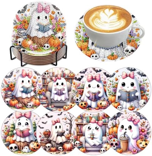 8 Pack Diamond Art Coasters,Halloween Ghost Diamond Painting Coasters Kits