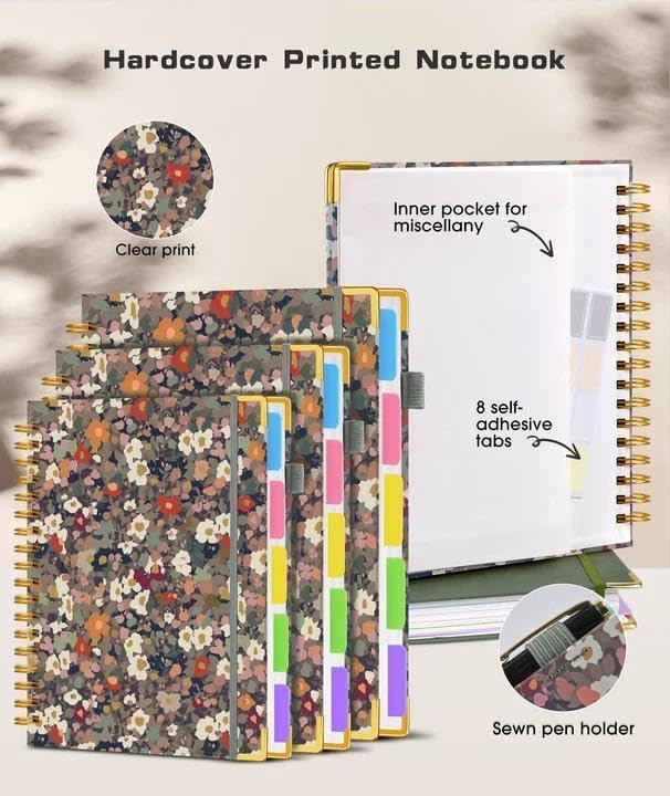 Hardcover Spiral Notebook journal with Removable Dividers Tabs, 300 Pages 5 Subject Notebook College Ruled, 100GMS Notebooks for Work School Note taking,Lined Journal for Women,A5-Flower