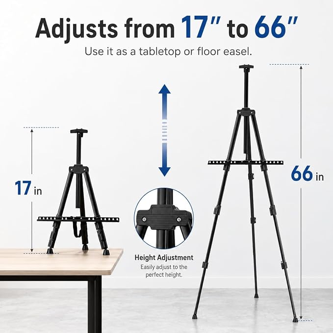 RRFTOK 17-66 Inch Adjustable Art Easel Stand for Painting and Sign, Black | Portable metal tripod easel for poster stand, display stand, canvas holder, adults and floor use