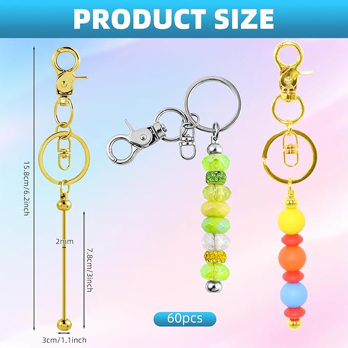 60 Pcs Beadable Keychains Bulk Kit – DIY Keychain Making Supplies with Metal Blanks for Crafts, Jewelry, Charms, Custom Projects – Blank Chain Bars for Beaded Keychain Design (Multicolor)