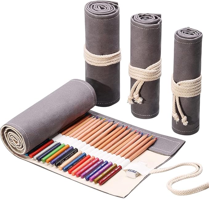 DIYOMR 24/36/72 Slots Pencil Wrap Pencil Rolls, Artist Colored Pencils Roll Up Bag Short Brushes Pouch Case Pencils Organizer for Drawing Coloring and Sketching,No Pencils (Grey, 72slots)