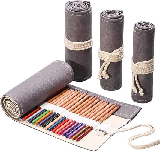 DIYOMR 24/36/72 Slots Pencil Wrap Pencil Rolls, Artist Colored Pencils Roll Up Bag Short Brushes Pouch Case Pencils Organizer for Drawing Coloring and Sketching,No Pencils (Grey, 36slots)