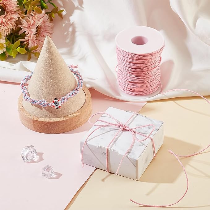 PandaHall 1 Roll 1mm 100 Yards Waxed Cotton Cord Thread Beading String for Jewelry Making Crafting Beading Macrame Pink