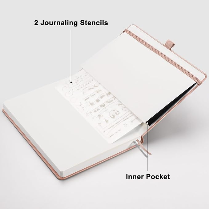 RETTACY Dotted Journal Notebook, 192 Pages, A5 Medium Size (5.7'' x 8.3'') | Leather Hardcover, 100 GSM Thick Paper, for Journaling, Planning, Tracking (Rose gold)