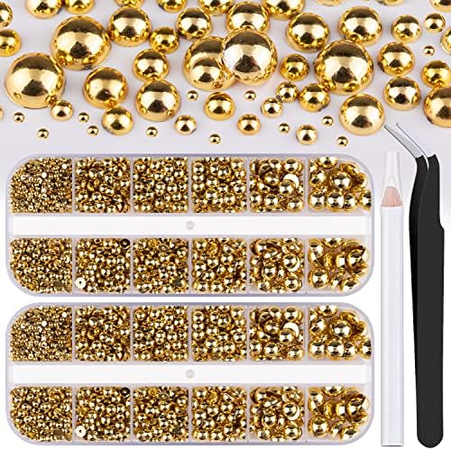 2 Boxes Flatback Nail Pearls for Nail Art Gold Pearl Charms and Gems