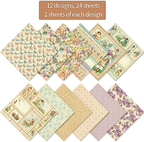 6x6" Cardstock Single Sided Scrapbooking,Craft Decorative Scrap Book Paper | 160gsm,24-Sheet 12Patterns Colored Paper,Junk Journal Supplies,Vivid Origami Papers DIY Craft Gift Wrapping Album.Ange