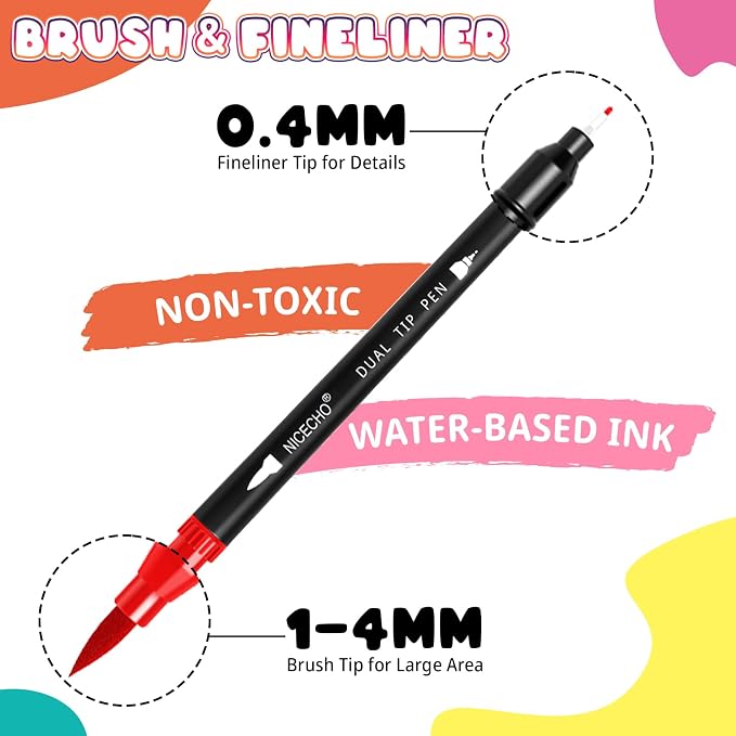 Nicecho 24 Colors Dual Tip Art Markers Pens for Adult Coloring Books | Brush and Fineliner Tip Art Suppliers for Journaling Note Taking Lettering