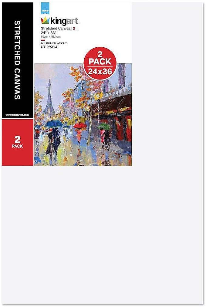 KINGART Stretched White Canvas Set – Rectangle, 24x36 Inch, 2-Pack – 100% Cotton, Triple Gesso Primed – 5/8" Profile Back-Stapled Artist Boards for Acrylic, Oil, Pouring, & Mixed Media Painting