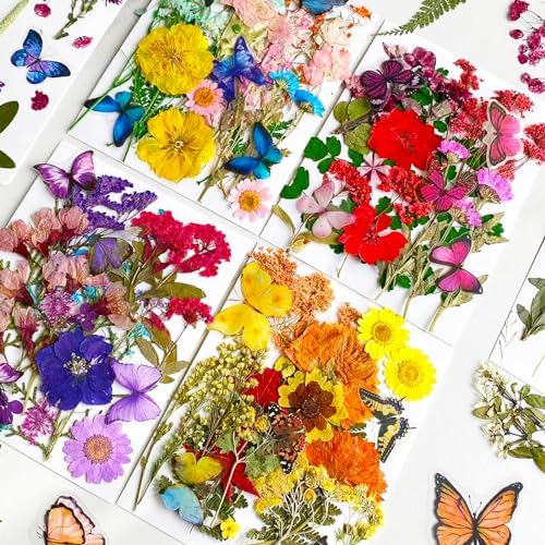 MIKIYA 103Pcs Dried Pressed Flowers with Butterfly Stickers for Resin Molds, Real Natural Bulk Dry Floral Leave for DIY Art Crafts, Epoxy Jewelry, Candle, Soap Making, Nails Decors