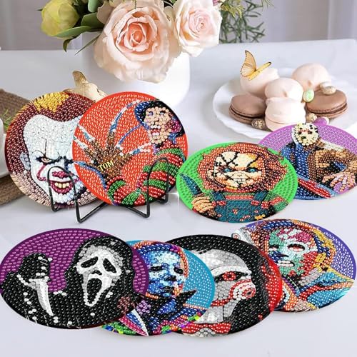 8 Pcs Horror Diamond Art Coasters Kits, Diamond Painting Coasters Kits ﻿ ﻿