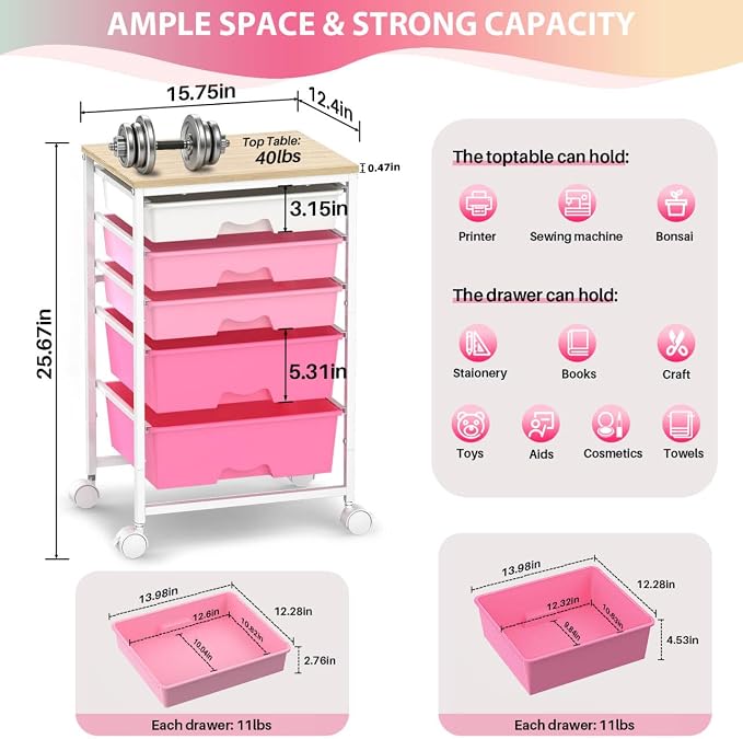Goovilla Rolling Cart with 5 Drawers for Craft, Art, Dorm, Office, Pink | Utility Cart Organizer With 5 Removable Drawers and Wooden Tabletop, Lockable Rolling Storage Organizer for Classroom, Home