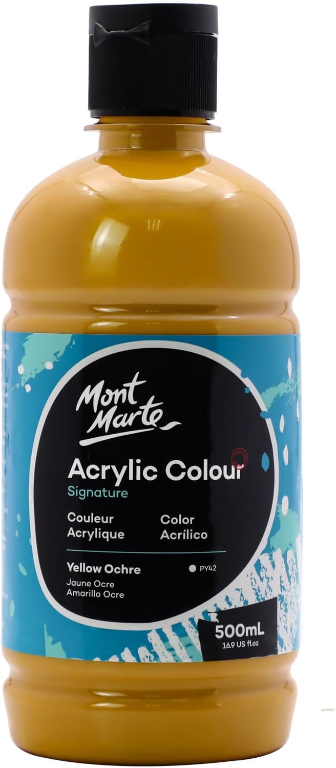 Mont Marte Signature Yellow Ochre Acrylic Paint, 16.9oz (500ml), Semi-Matte Finish, Suitable for Canvas, Wood, Fabric, Leather, Cardboard, Paper, MDF and Crafts