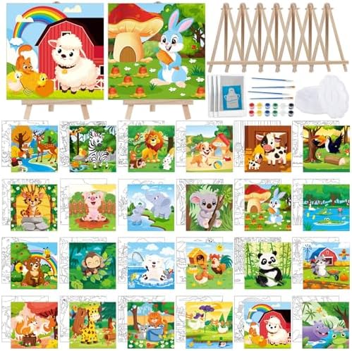 Tenceur 24 Pack 216 Piece Pre Drawn Canvas to Paint for Kid Adult 6 x 6 Inch Stretched Coloring Painting Canvas Panels with Design Easel and Brushes for Party Supplies Beginner Favor(Animals)