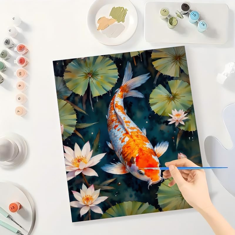 TAOPAOLAB Aquatic Scene Paint by Numbers Kit for Adults - DIY Koi Fish with Lotus Leaves Painting on Canvas 16x20In, Framed Acrylic Paint Set, Suitable for Beginners, Art for Home or Gift