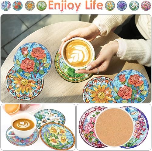 ijbnhd 8 PCS Flowers Diamond Art Coasters (Cork Wooden Pad)