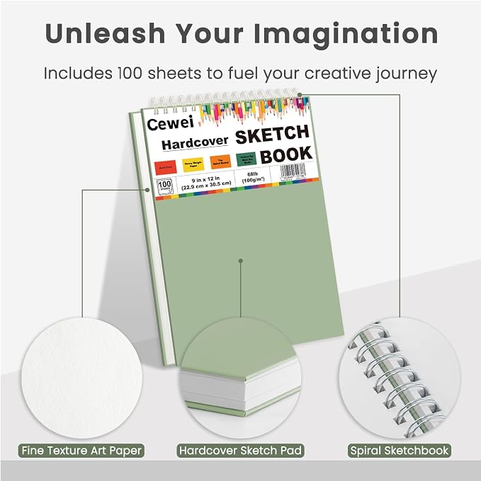 Cewei 9x12 Drawing Paper Pad, 100 Sheets Spiral Bound Sketchbook, 68lb/100gsm White Drawing Paper for Kids Ages 4-8, Art Supplies for Kids 9-12