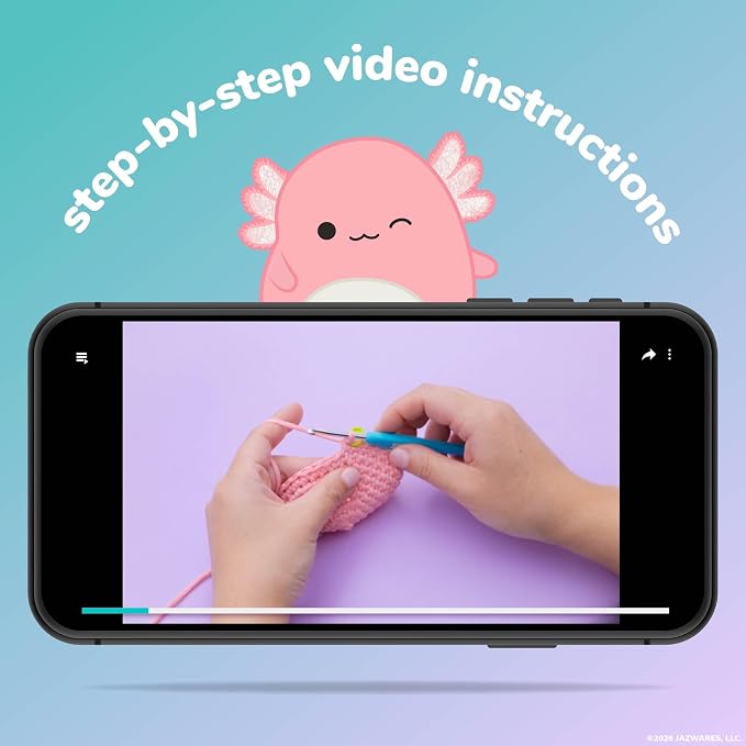 Original Squishmallows™ Crochet Kit – Archie Bag Charm, Axolotl Crochet Kit for Beginners with Yarn, Starter Hooks, Step-by-Step Tutorials, DIY Craft, Great Teen Gifts