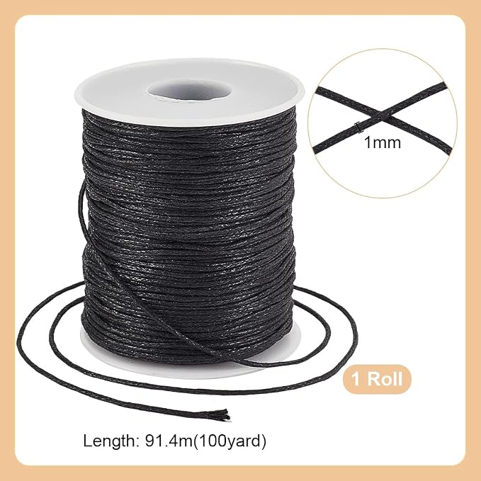 PH PandaHall 100 Yards 1mm Waxed Cotton Cord, Black Waxed String Beading Thread Roll Spool for Bracelet Necklace Jewelry Waist Beads DIY Crafts Making Macrame Supplies (Pack of 3)