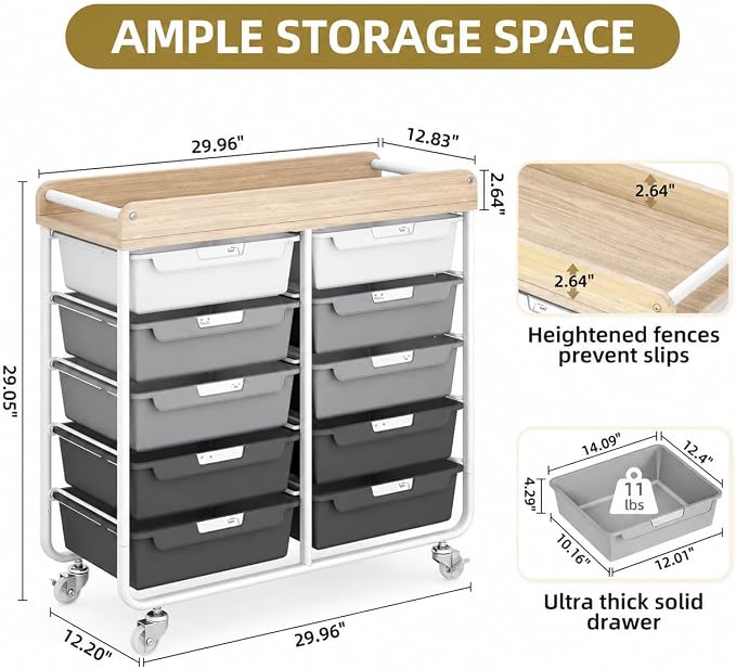 10 Drawer Rolling Storage Cart with Wood Top for Classroom Crafts Grey | Easy Setup, Large Capacity, Sturdy Build, Lockable Mobility, For office, classroom and home supplies