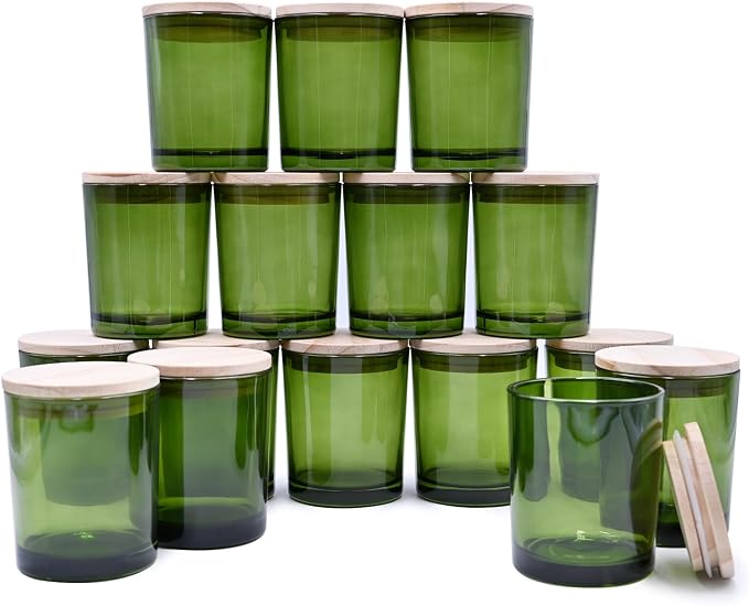 SHOWIN Thick Candle Jars for Making Candles 16 Pcs, 7 OZ Empty Jars with Wood Lids for Candle Making, Sample Container, Green