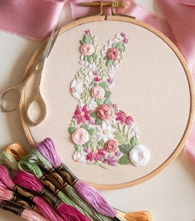 YOUDRN Bunny in Bloom Embroidery Kit for Beginners, Bunny Embroidery