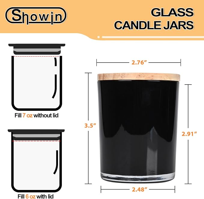 SHOWIN Thick Candle Jars for Making Candles 12 Pcs, 7 OZ Empty Jars with Wood Lids for Candle Making, Sample Container, Inner Black